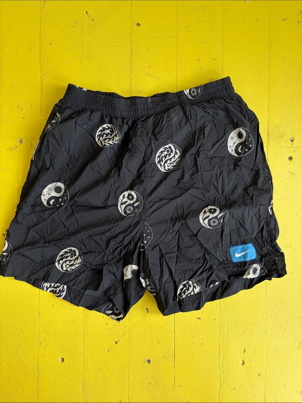 Nike Black Yin-Yang Print Athletic Shorts with Blue Logo Patch